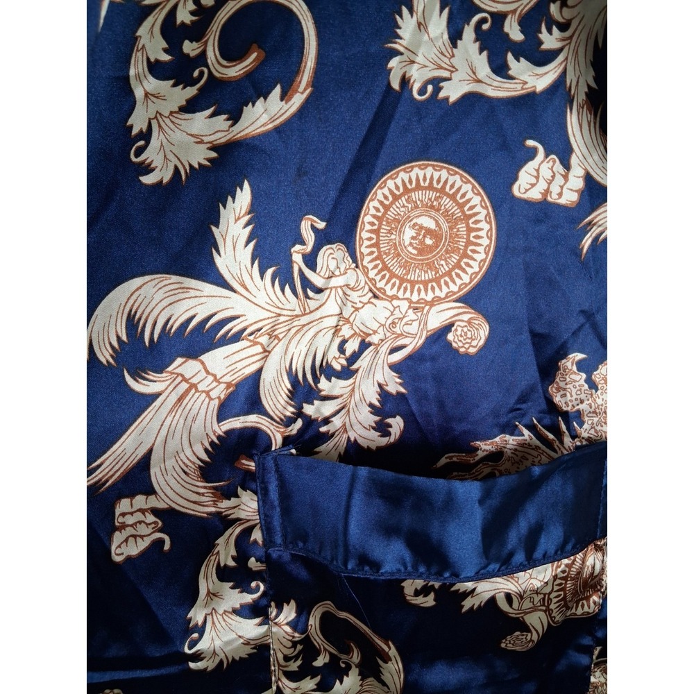 Satin Robe Blue & Gold Baroque Print Belted Pockets Mens Large Dressing Gown - Picture 5 of 10